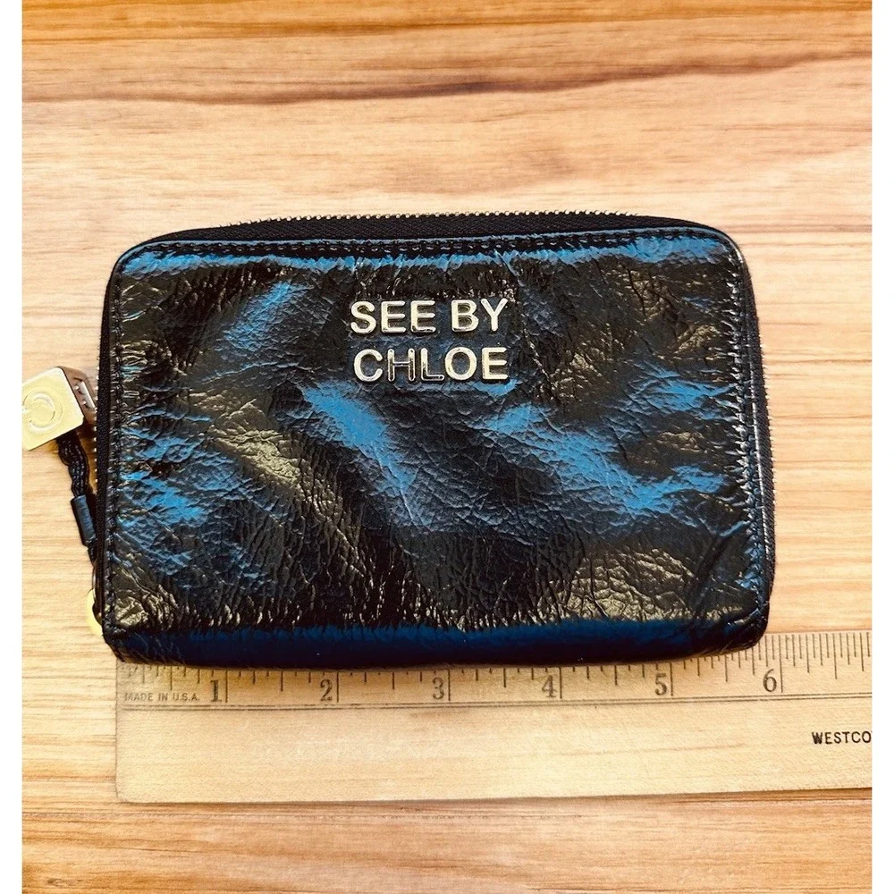 See By Chloe Black Leather  Zip Around Compact Wallet 6 Card Holder Snap Closure